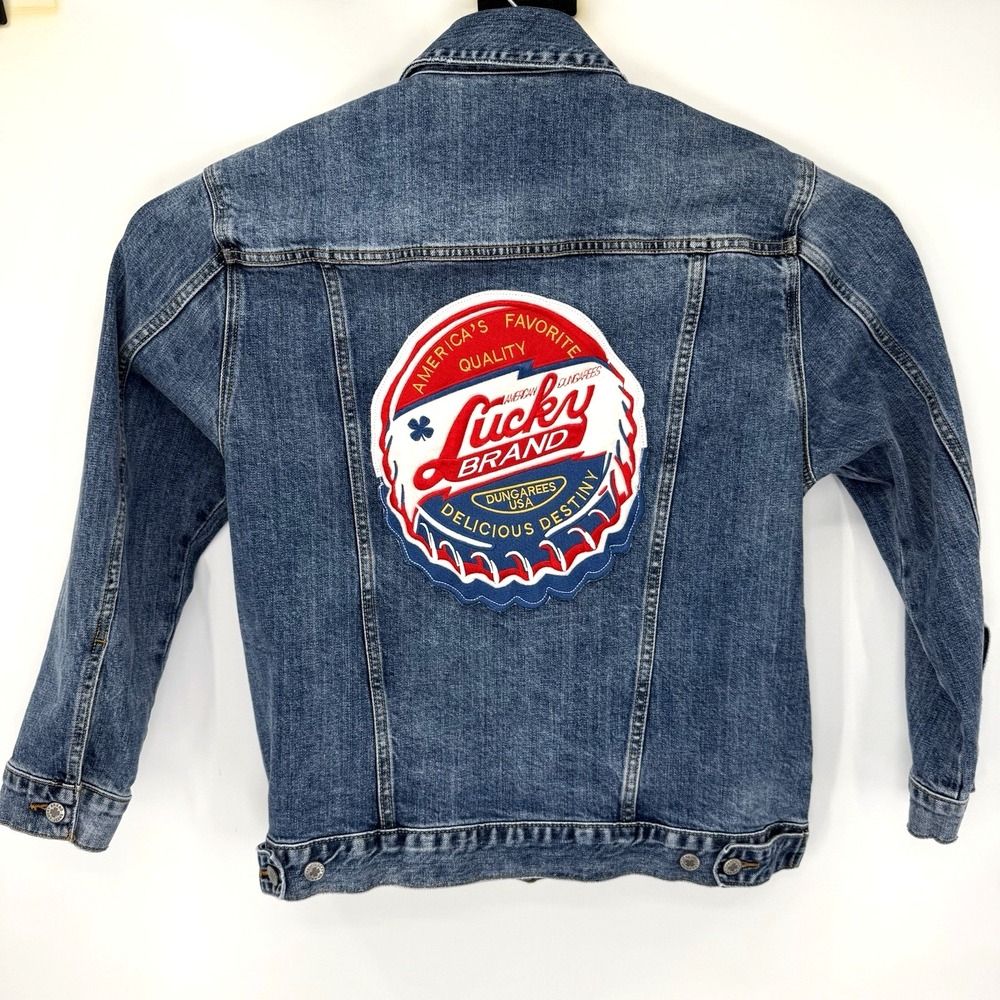 Lucky Brand Denim Jacket Womens L Blue Totally Lucky BF Trucker Back Patch